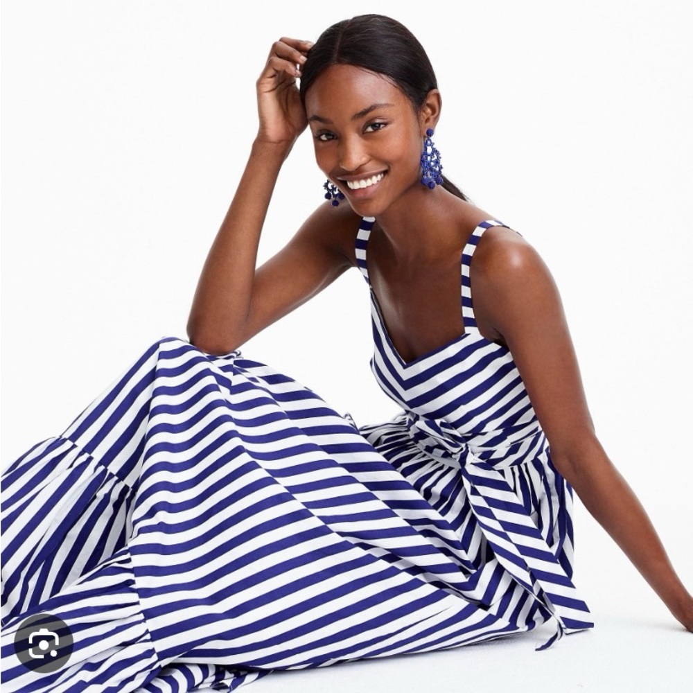J. Crew Blue and White Striped Ruffle Maxi Dress